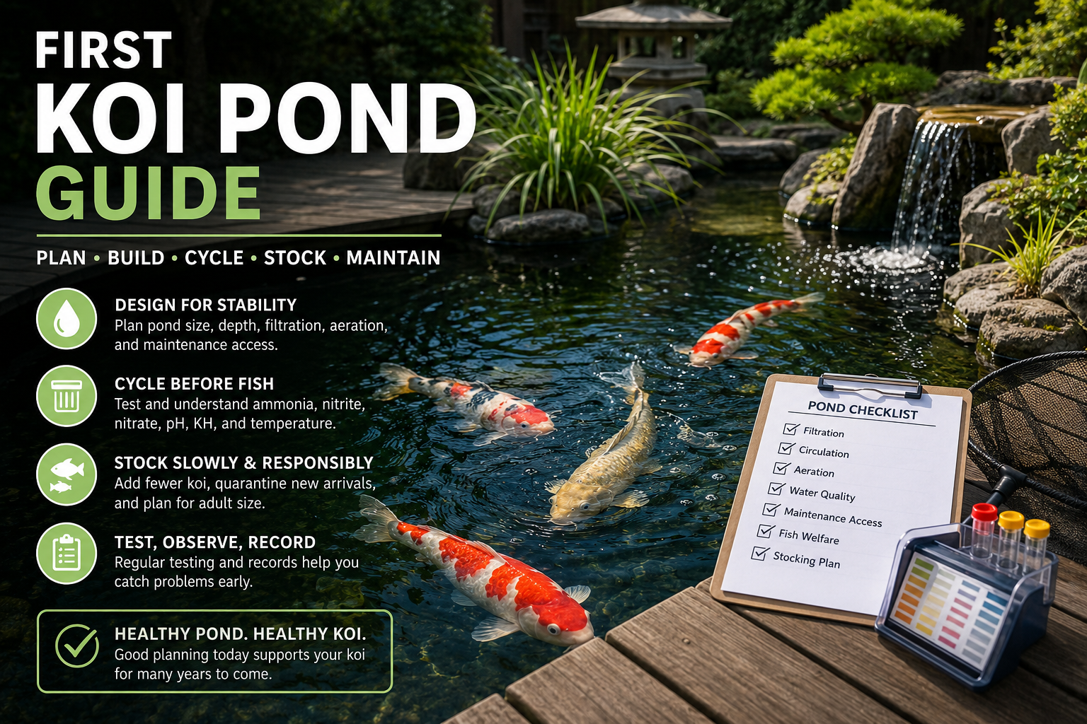 First koi pond guide with filtration, aeration, and healthy koi
