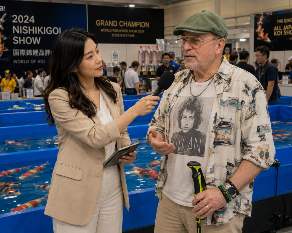 Hana Min interviews Hugo J. Smal at an international Nishikigoi show for Bidan Ingeo Weekly
