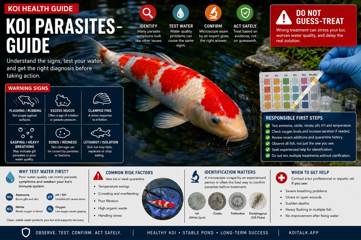 Koi parasites guide showing koi health check and pond water testing