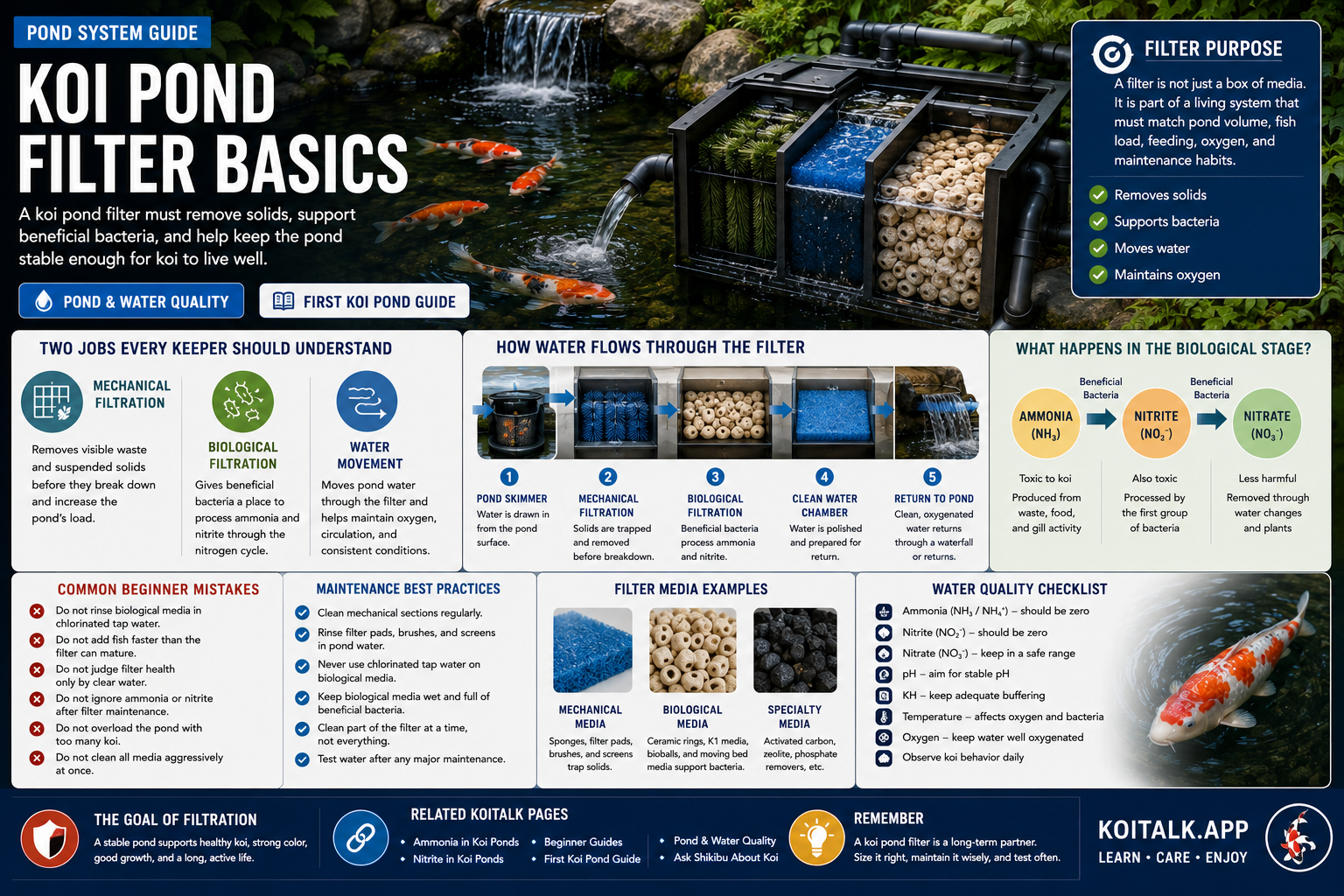 Koi pond filter basics with filtration system, water flow, and koi pond testing