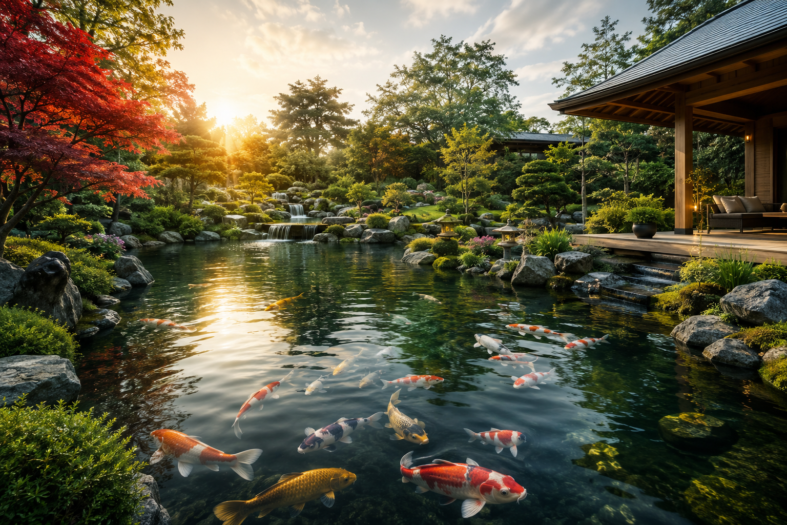 Hugo's Dream Pond with koi, crystal clear water, natural filtration and Japanese or korean garden design